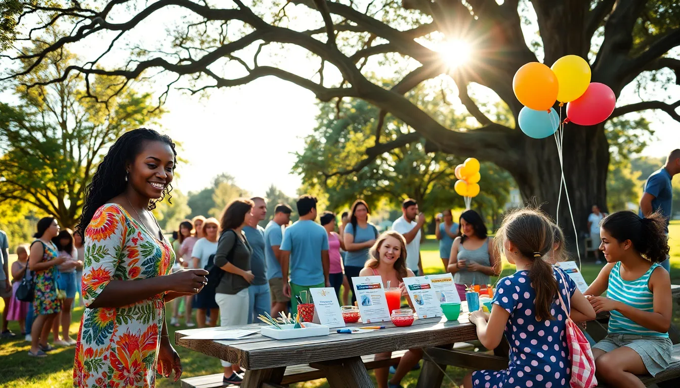 A community event in a park with families and young adults engaged in activities.
