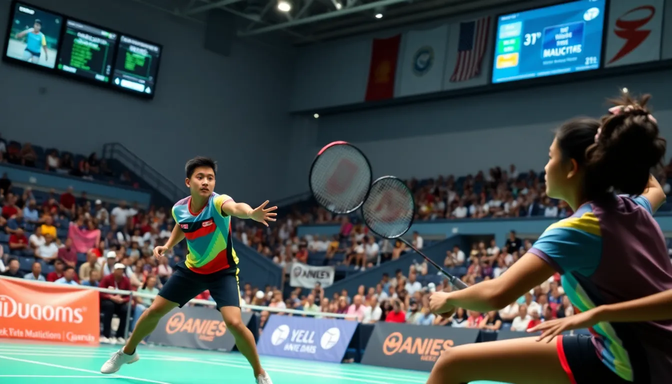 two badminton players competing in an indoor stadium during a match.