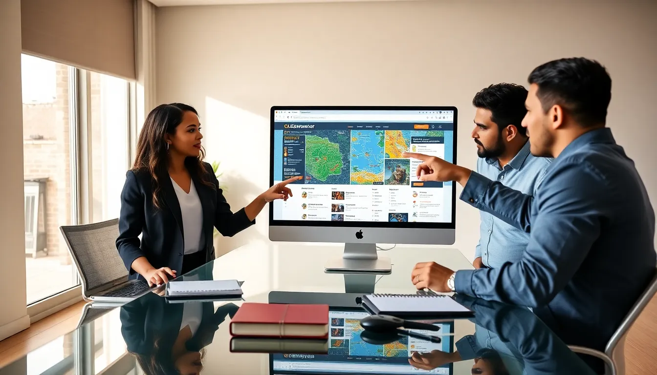 Professionals discussing a strategy guide in a modern office.