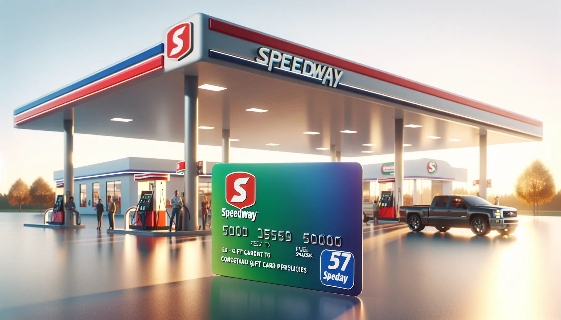 Speedway gift card displayed in front of a gas station.