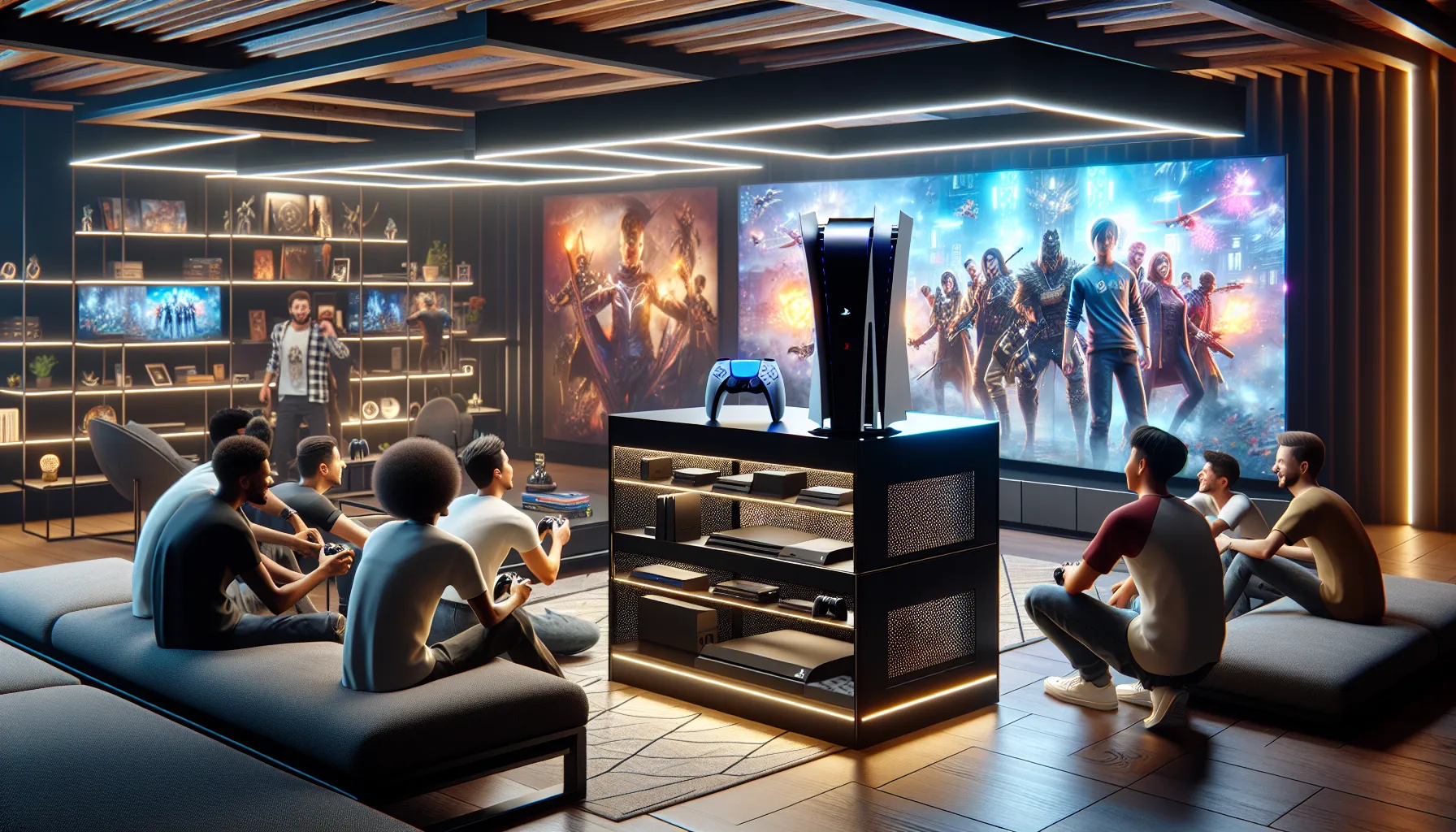 diverse gamers enjoying a PlayStation 5 in a modern living room.
