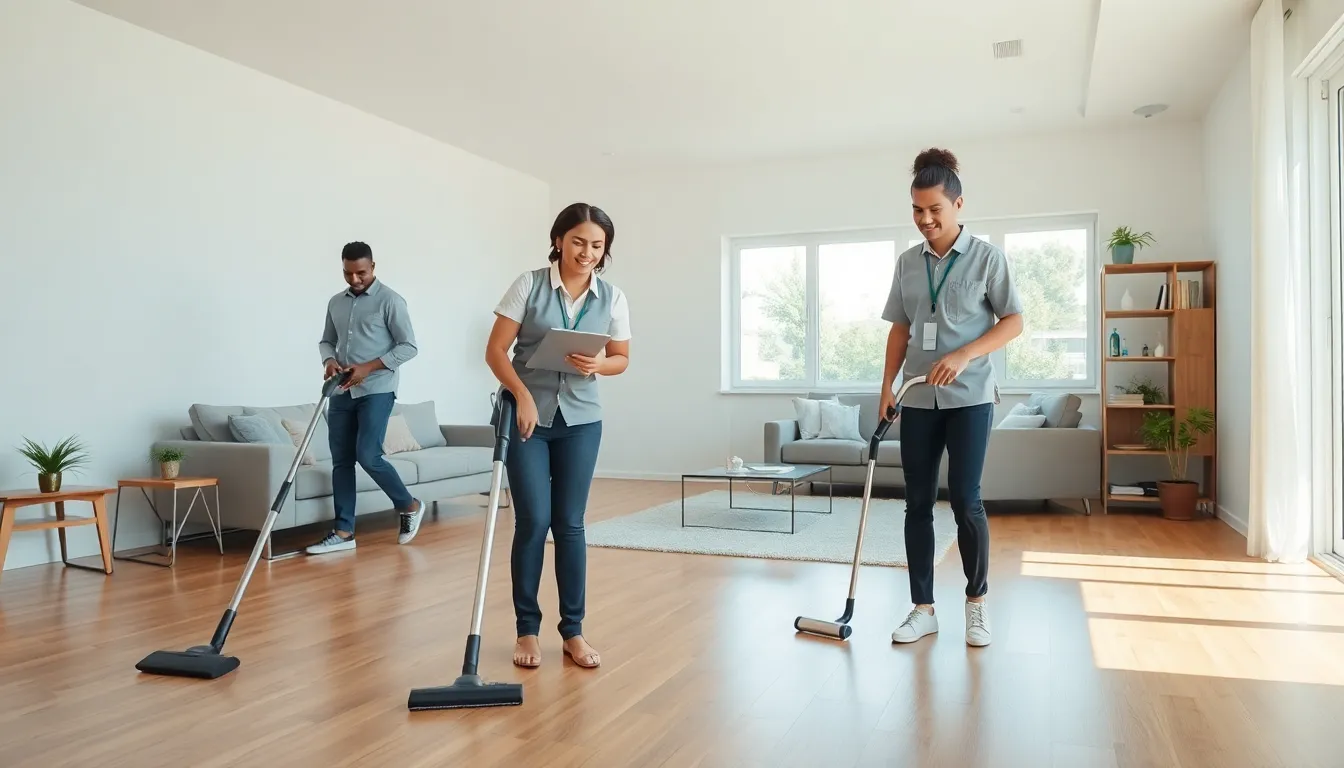 diverse team of professional cleaners in a bright living room.
