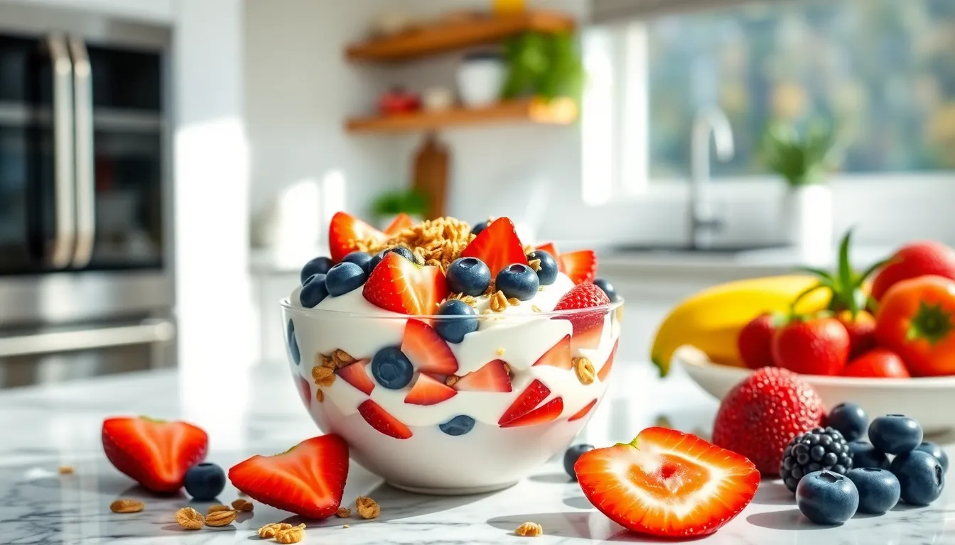 A colorful breakfast bowl filled with fruits and yogurt on a kitchen counter.