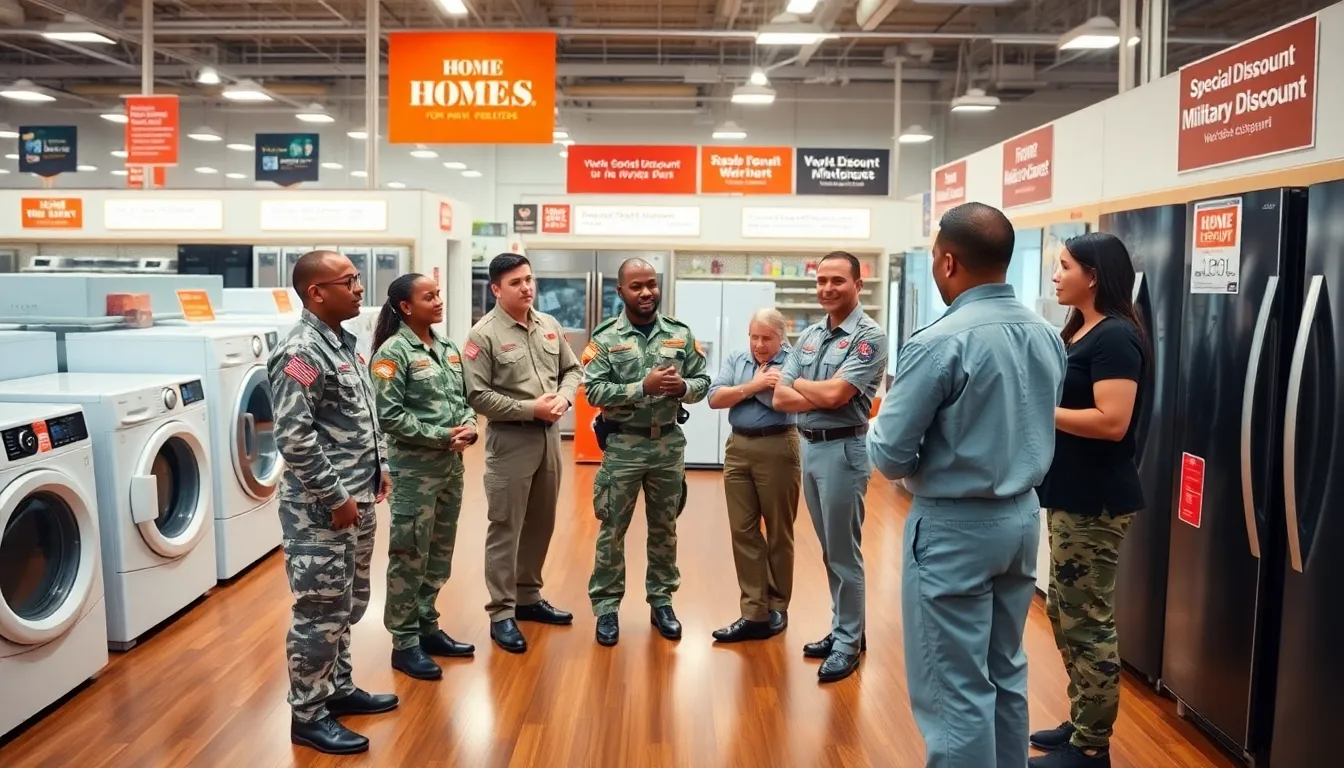 military personnel in a Home Depot discussing appliance discounts.