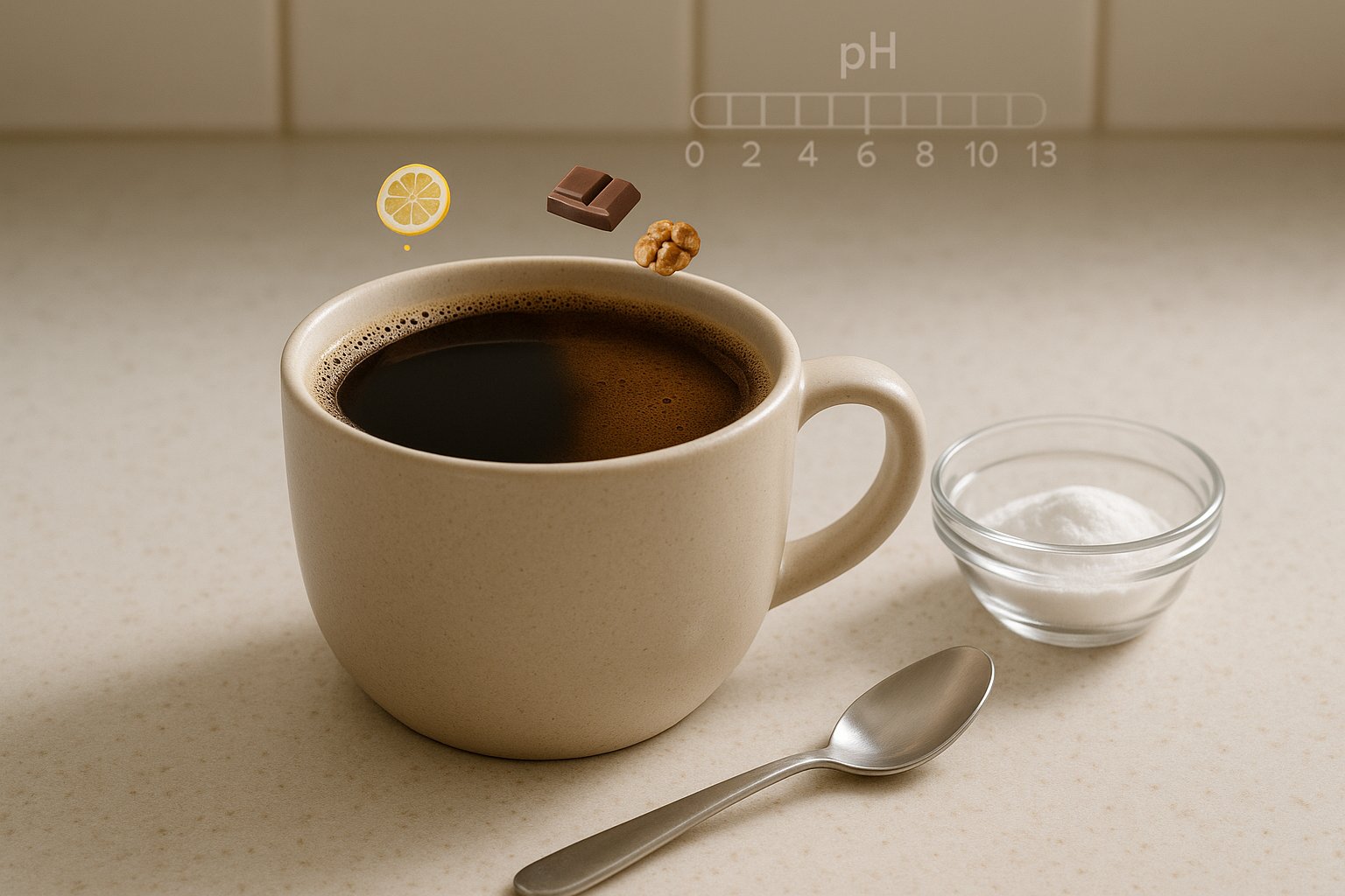 Coffee cup with measured baking soda illustrating reduced acidity and smoother flavor.