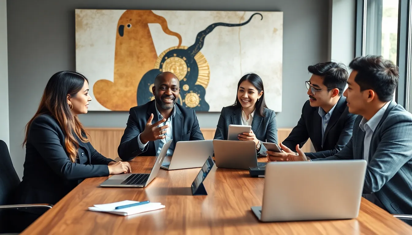 diverse team discussing the cultural significance of Asuramgg in a modern office.