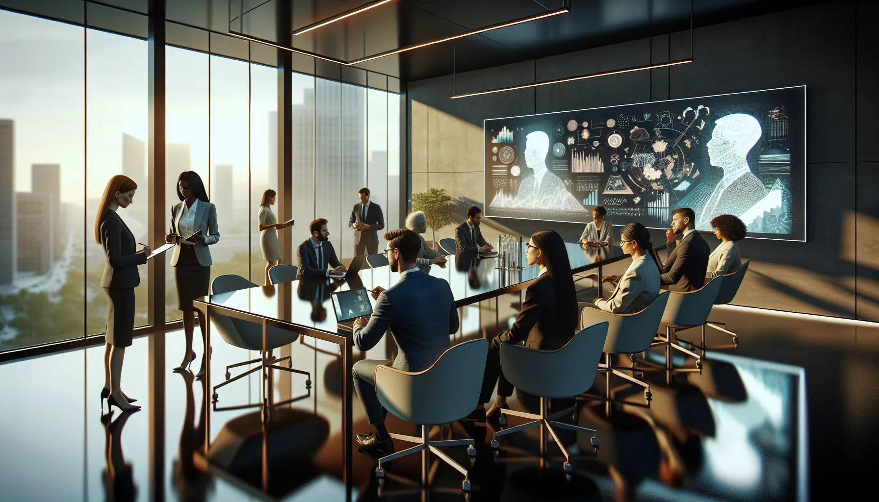 diverse professionals discussing Tirafqarov's modern influence in a contemporary office.