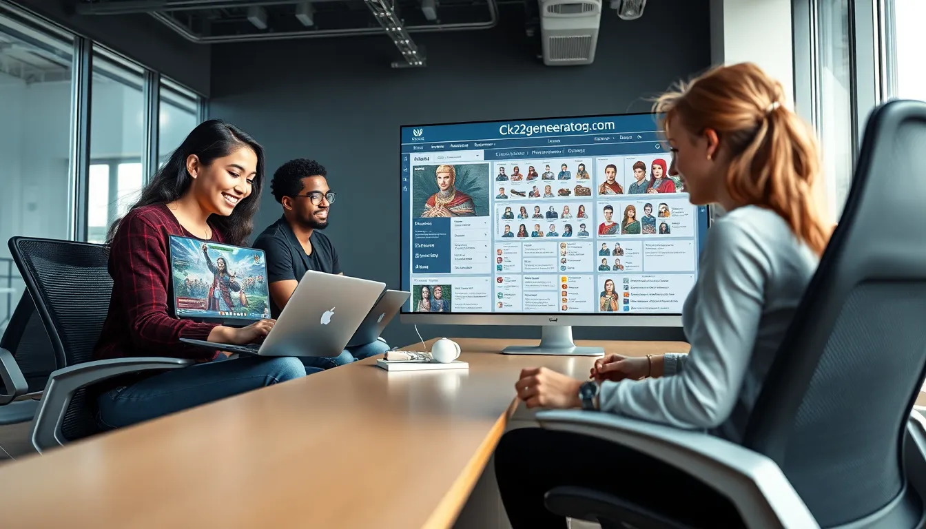 diverse gamers collaborating on character creation in a modern workspace.