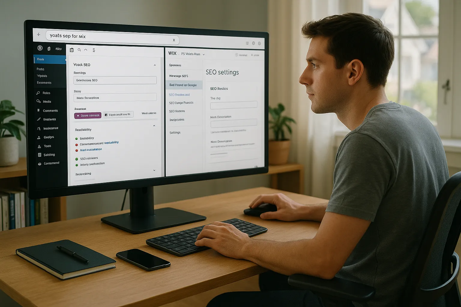 Marketer compares Yoast SEO in WordPress with Wix SEO settings on a monitor.