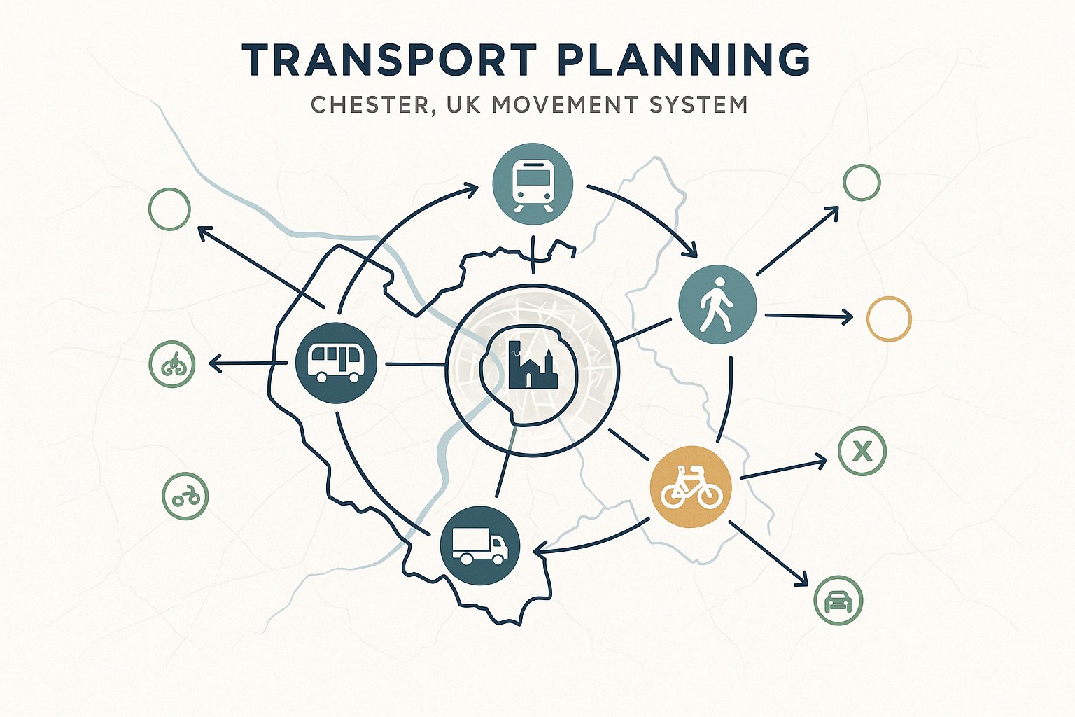 Infographic map of Chester transport planning, constraints, routes and sustainable travel options.