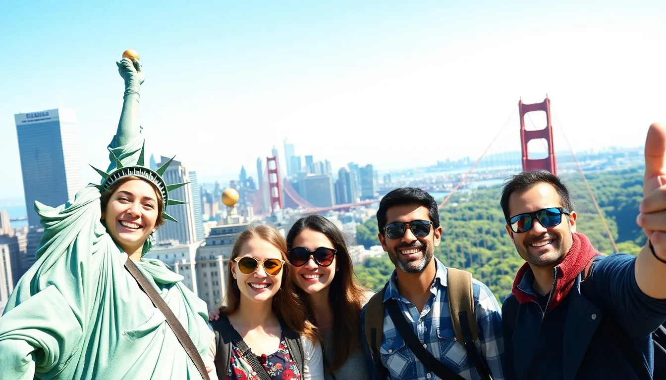 diverse travelers at iconic US vacation spots.