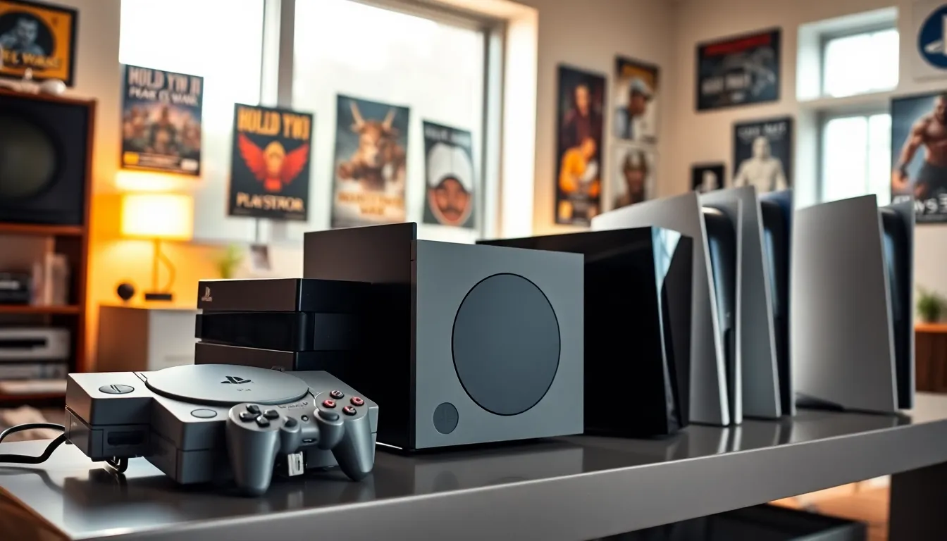 a display of PlayStation consoles showcasing their evolution over time.