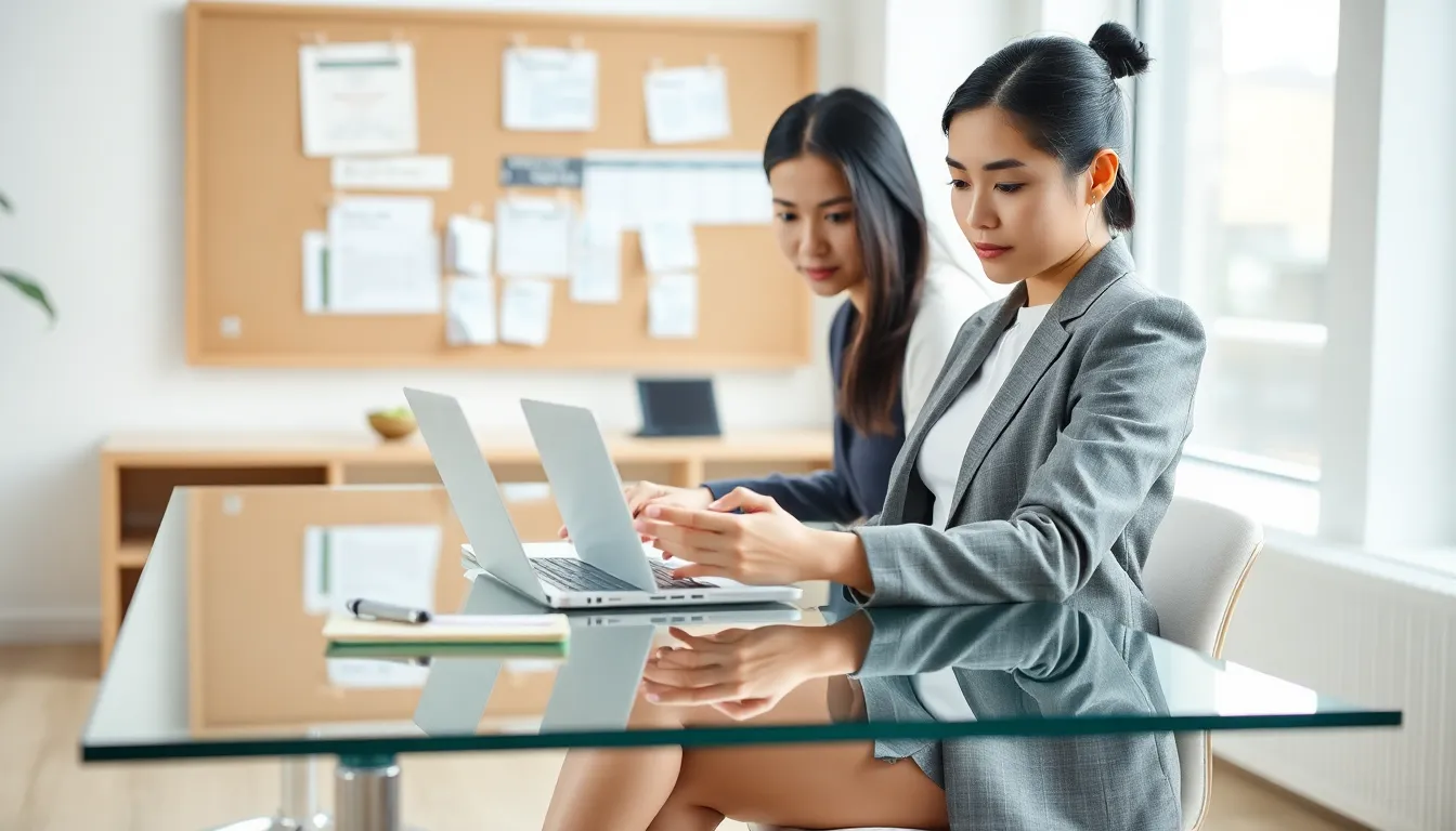 Freelancer preparing an invoice at a modern office desk.