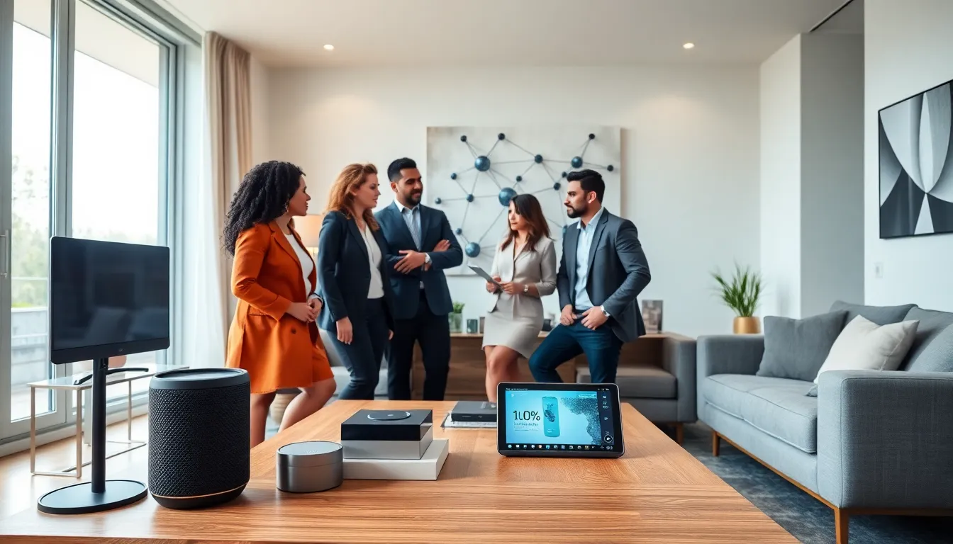professionals discussing IoT home automation in a modern living room.