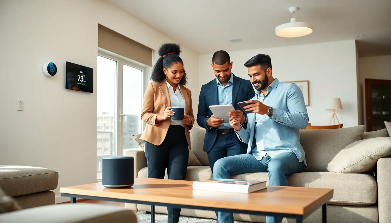 professionals exploring smart home technology in a modern living room.