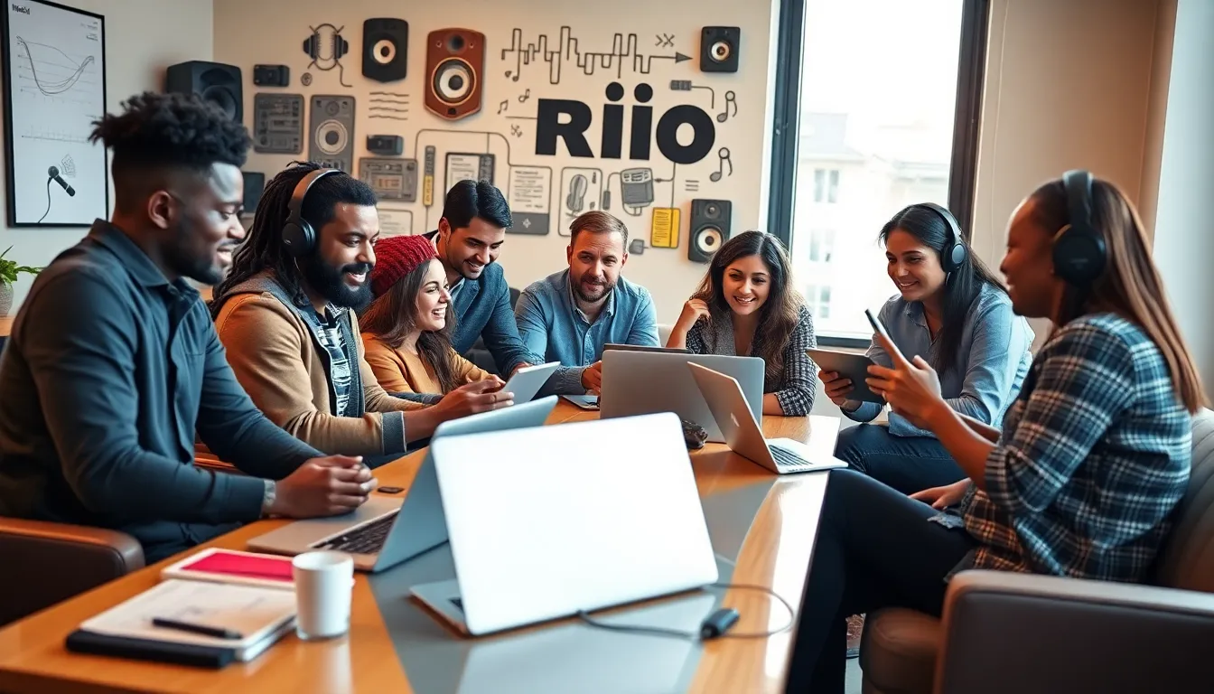 diverse team collaborating on radio ideas in a modern office.