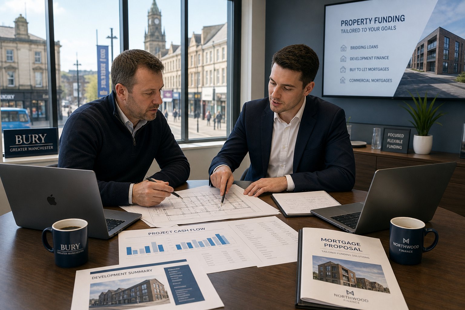 Business owner and adviser reviewing commercial property finance documents in a modern office with a Bury streetscape outside.