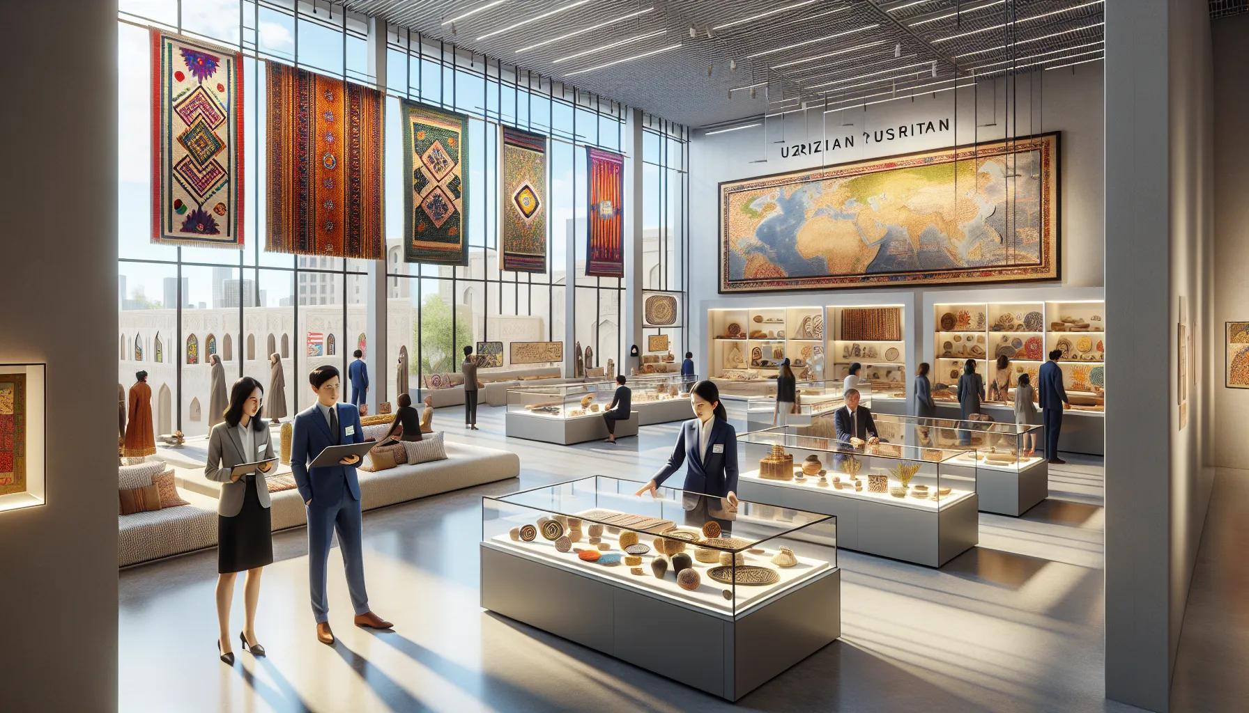 diverse professionals exploring Uzribitan's cultural artifacts in a modern museum.