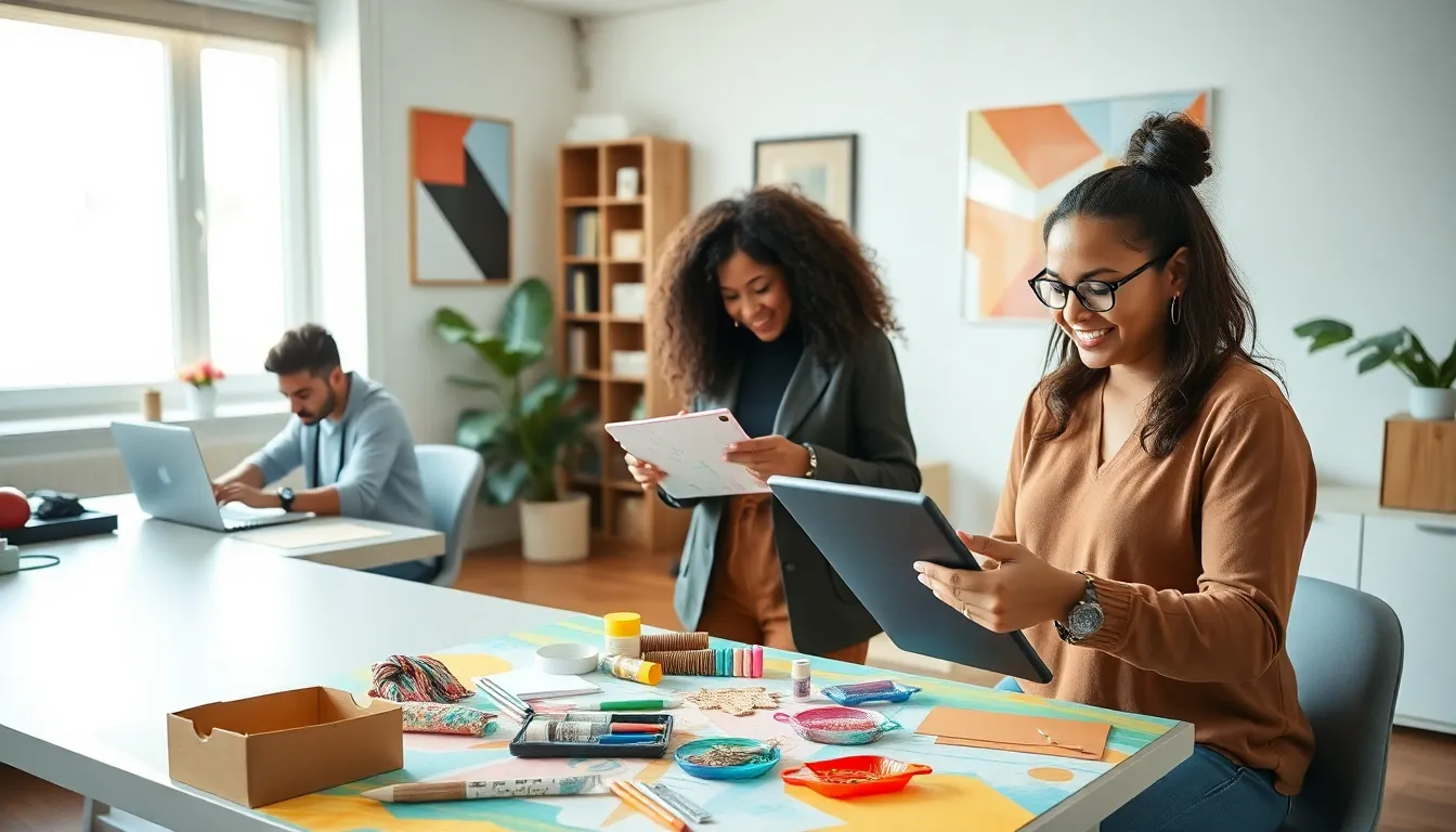 diverse individuals engaged in creative side hustles in a modern workspace.