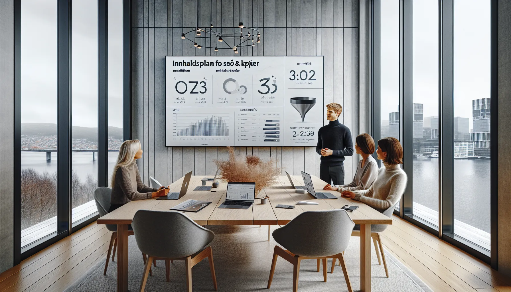 Hvordan lage en innholdsplan for seo 3 Team reviews seo goals and kpis in a modern oslo office.