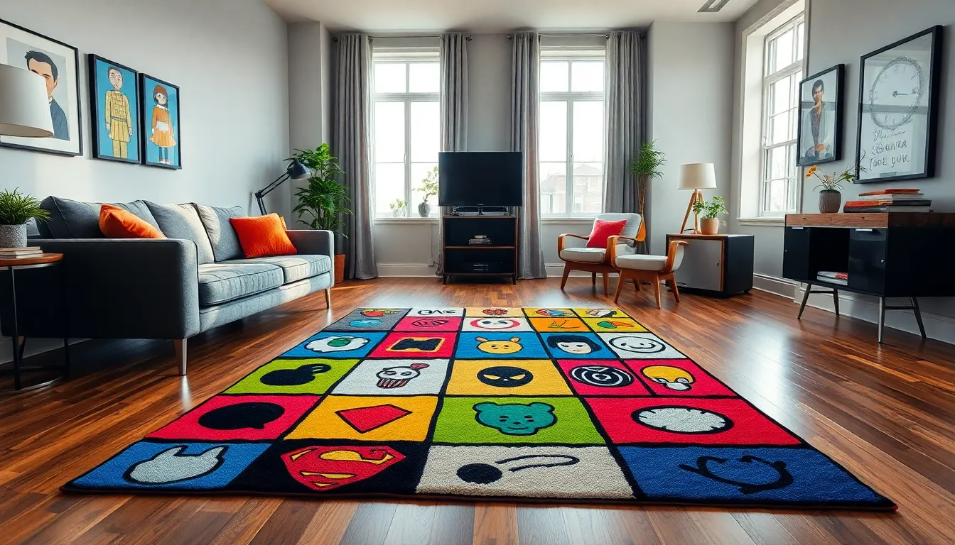 Vibrant pop culture rug in a stylish living room setting.