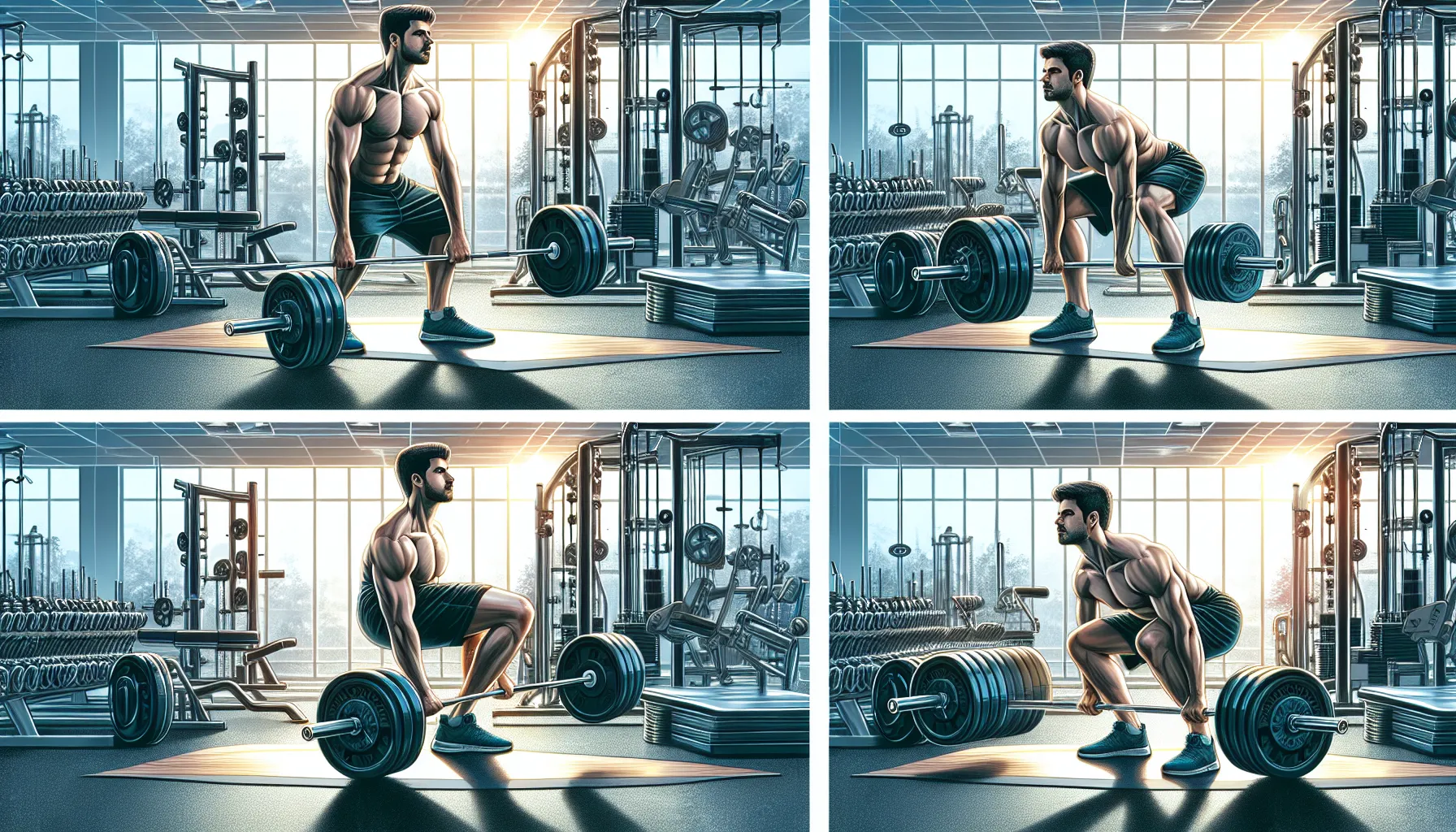 A person demonstrating variations of Romanian and Stiff-Leg Deadlifts in a gym.