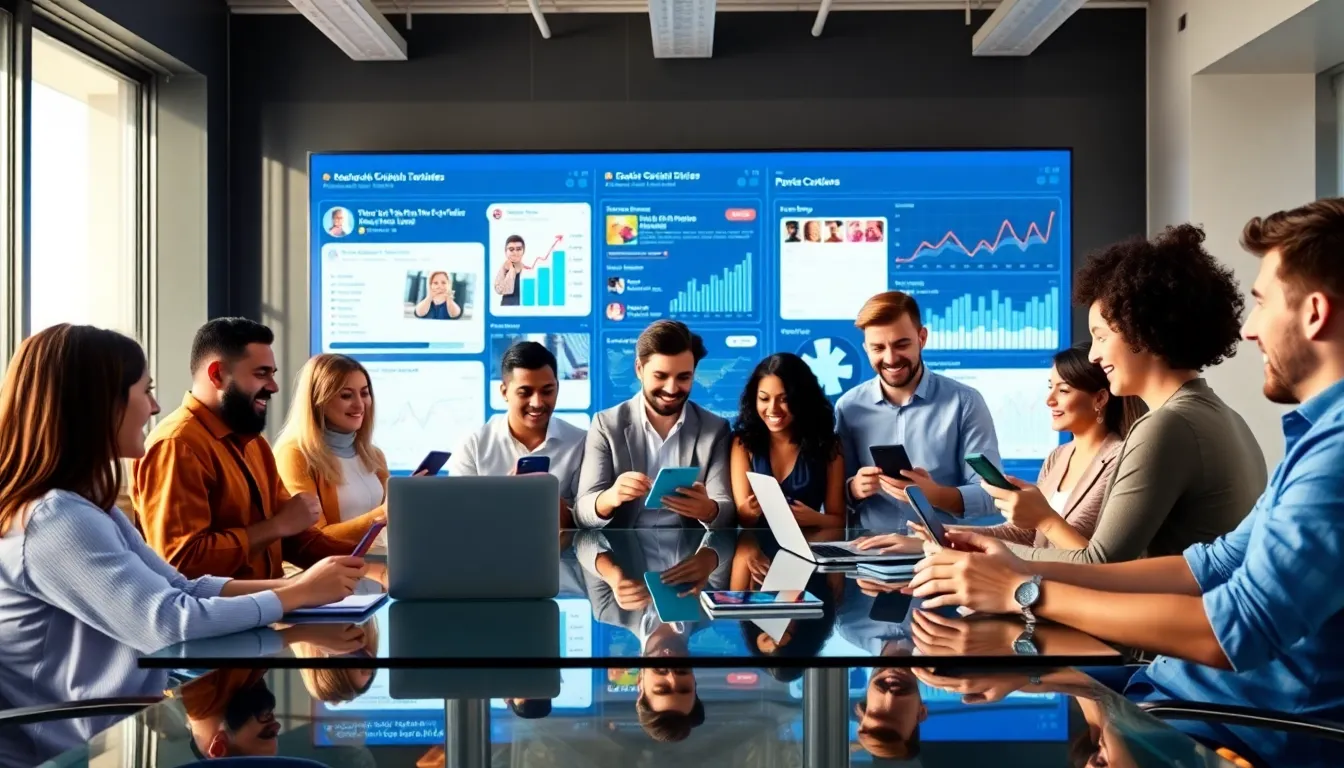 diverse team collaborating on viral content in a modern office.