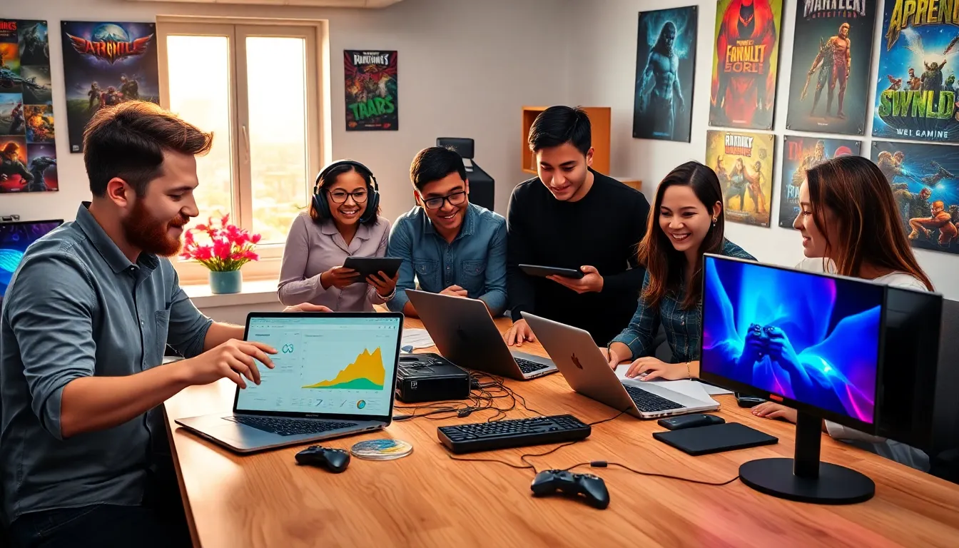 a diverse gaming team collaborating in a creative office space.