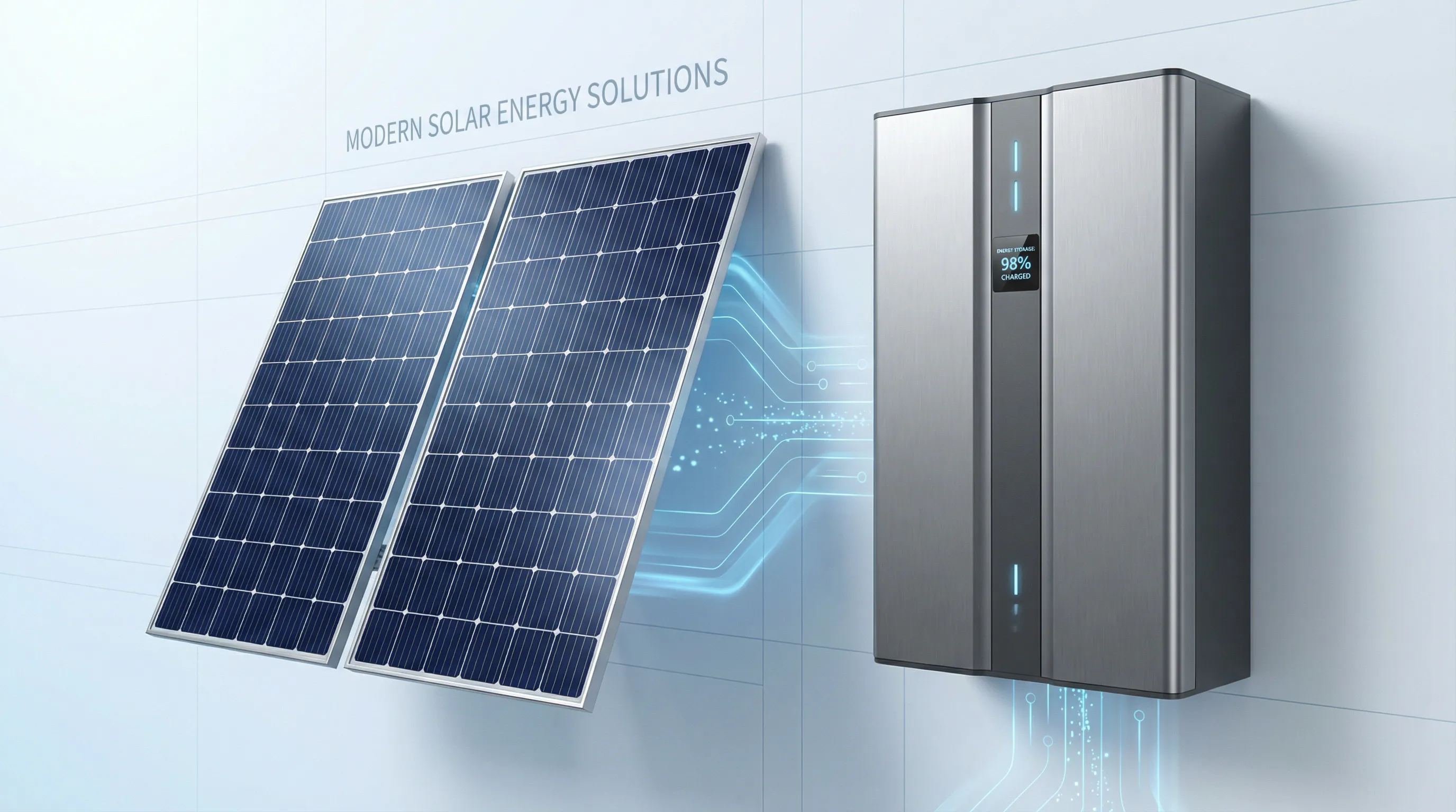 3D render of modern backup battery unit with solar panels in clean studio setting