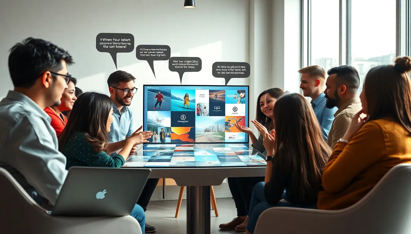 diverse group discussing art and ideas in a modern workspace.