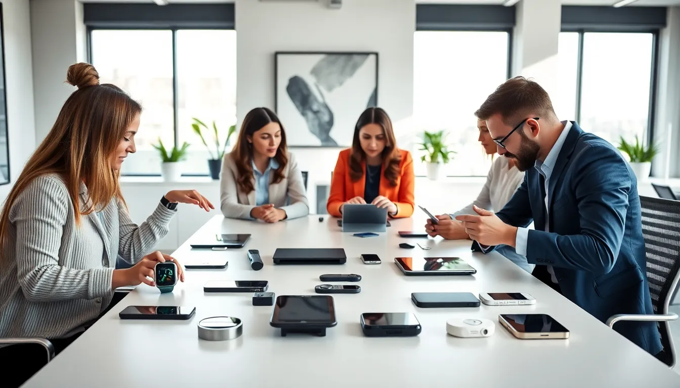 professionals demonstrating various modern gadgets in a sleek office.