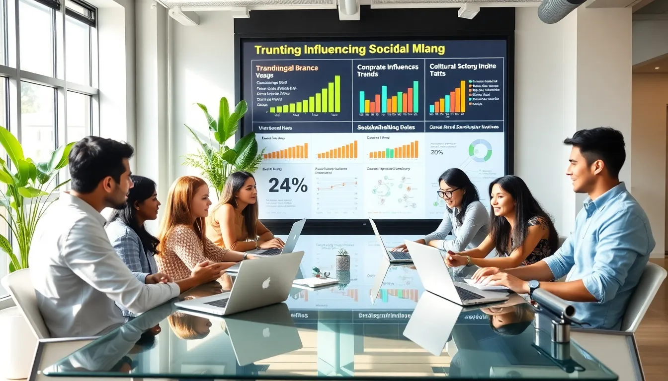 young professionals discussing trending brands in a modern office.