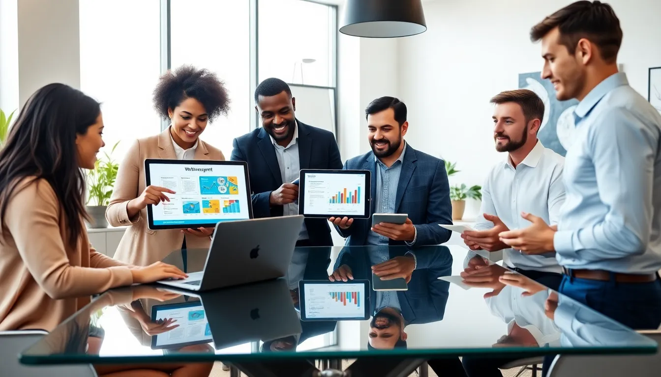 diverse team collaborating on digital engagement strategies in a modern office.