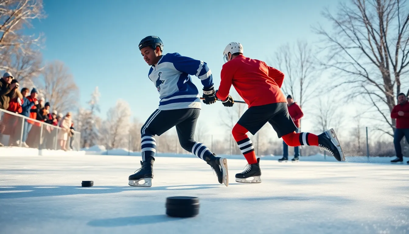 two young hockey players practicing agility on an outdoor rink.
