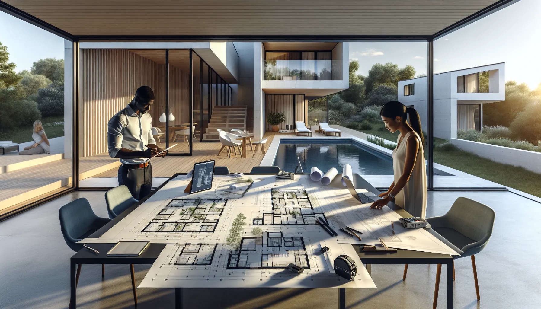 Professionals planning a terrace construction project with blueprints and modern home backdrop.