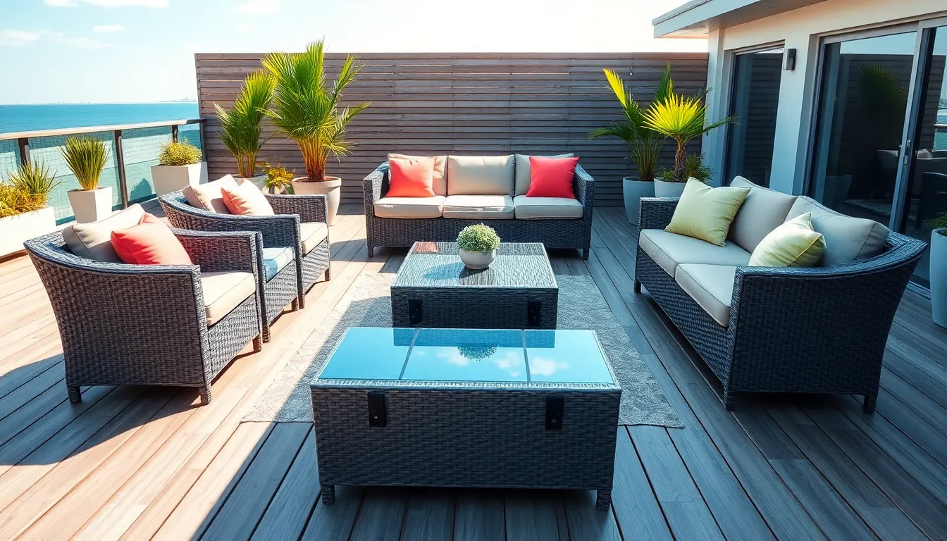 stylish resin wicker furniture set in a sunny outdoor setting.