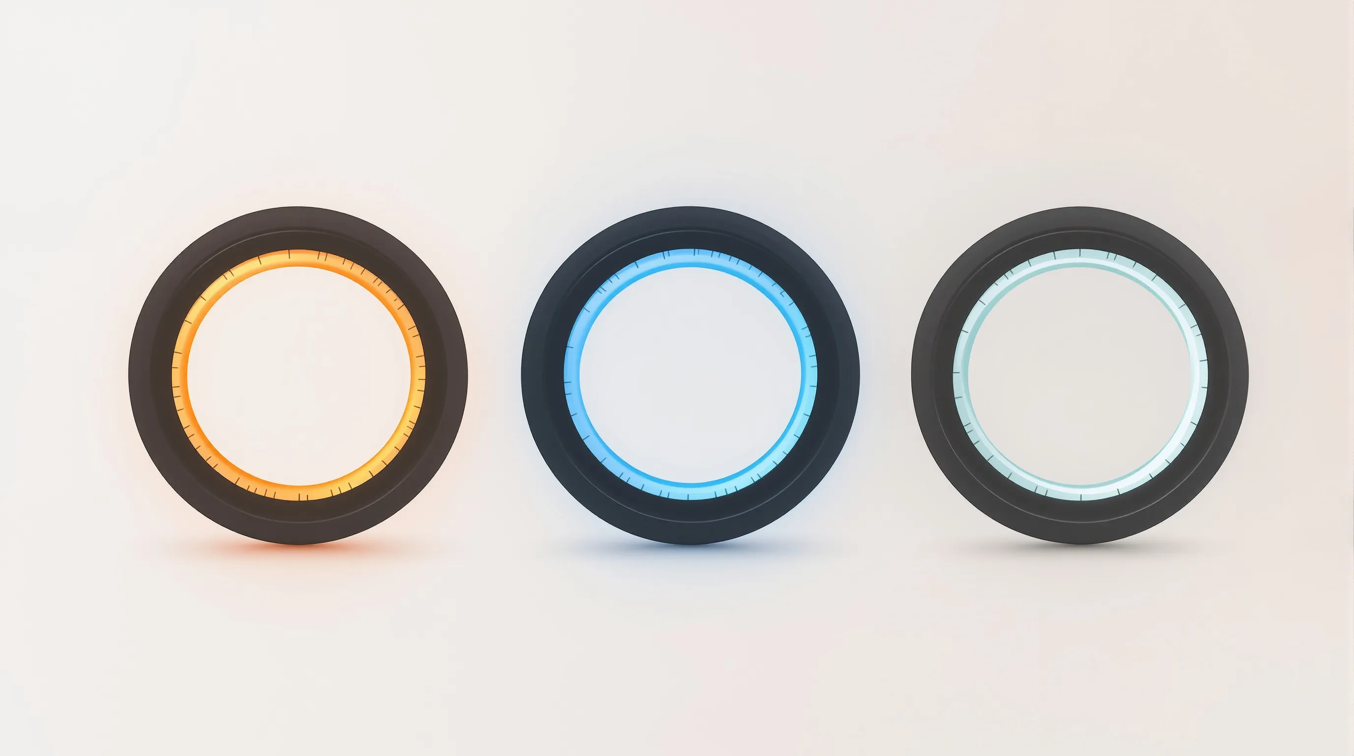 Three minimalist tire icons with seasonal color accents on neutral background.