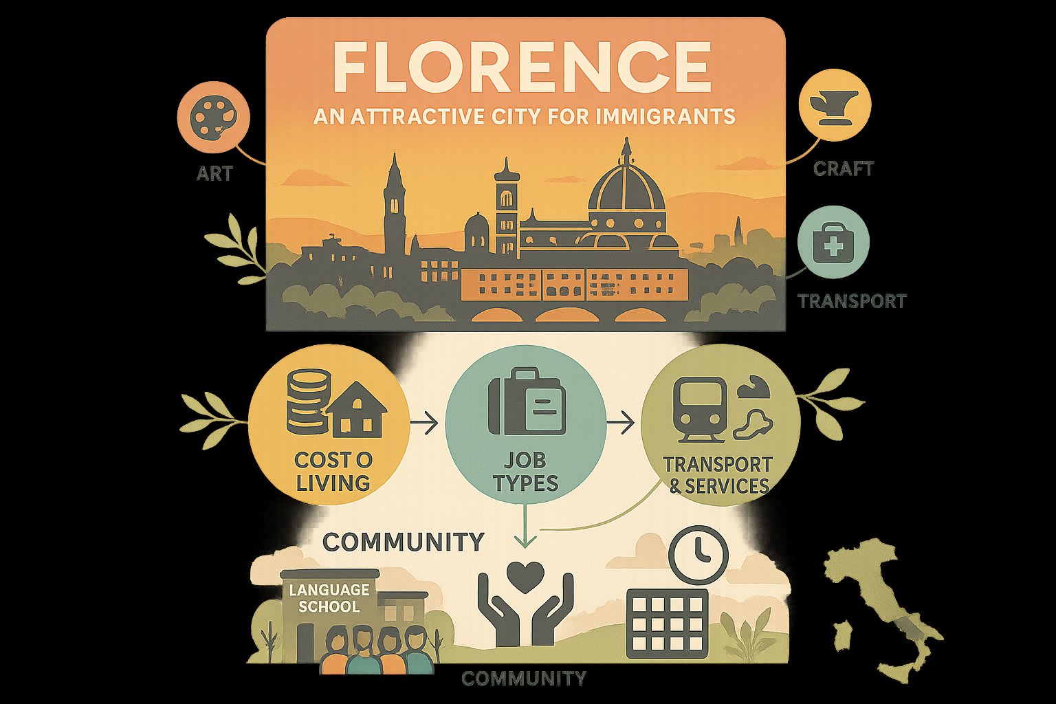 Infografica che mostra cultura, lavoro, costi, trasporti e comunità expat di Firenze.