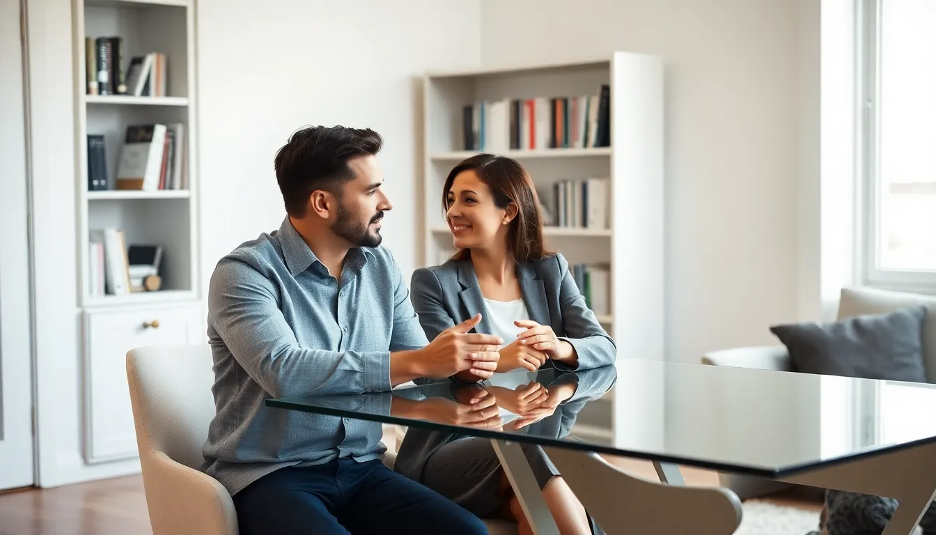 couple having a deep conversation at a modern dining table.