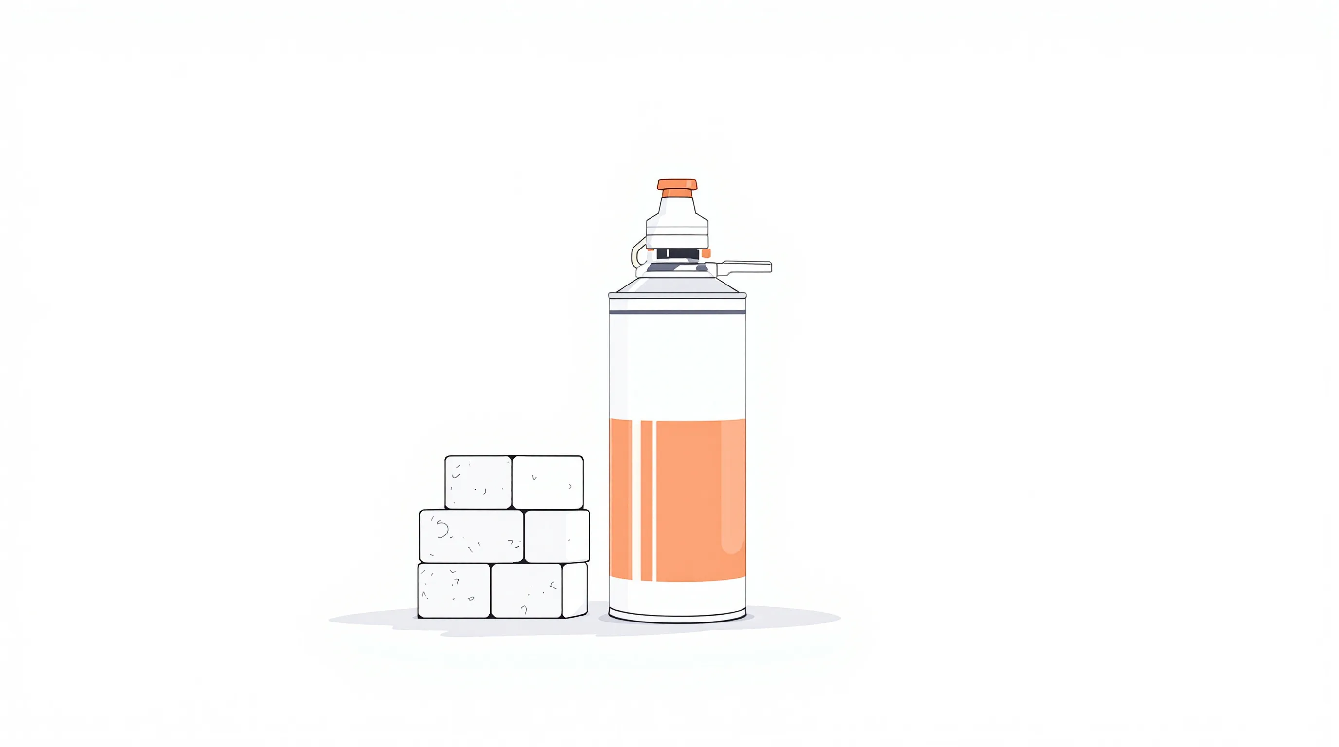 Construction foam canister with applicator gun beside a simple block outline on white.