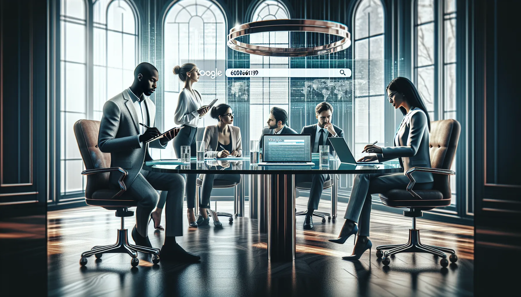 diverse team collaborating over information verification in a modern office.