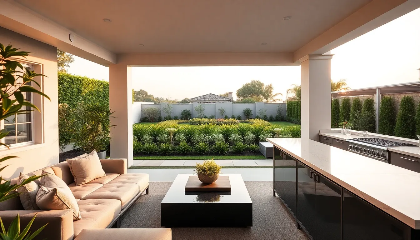 modern outdoor living space with comfortable furniture and lush landscaping.