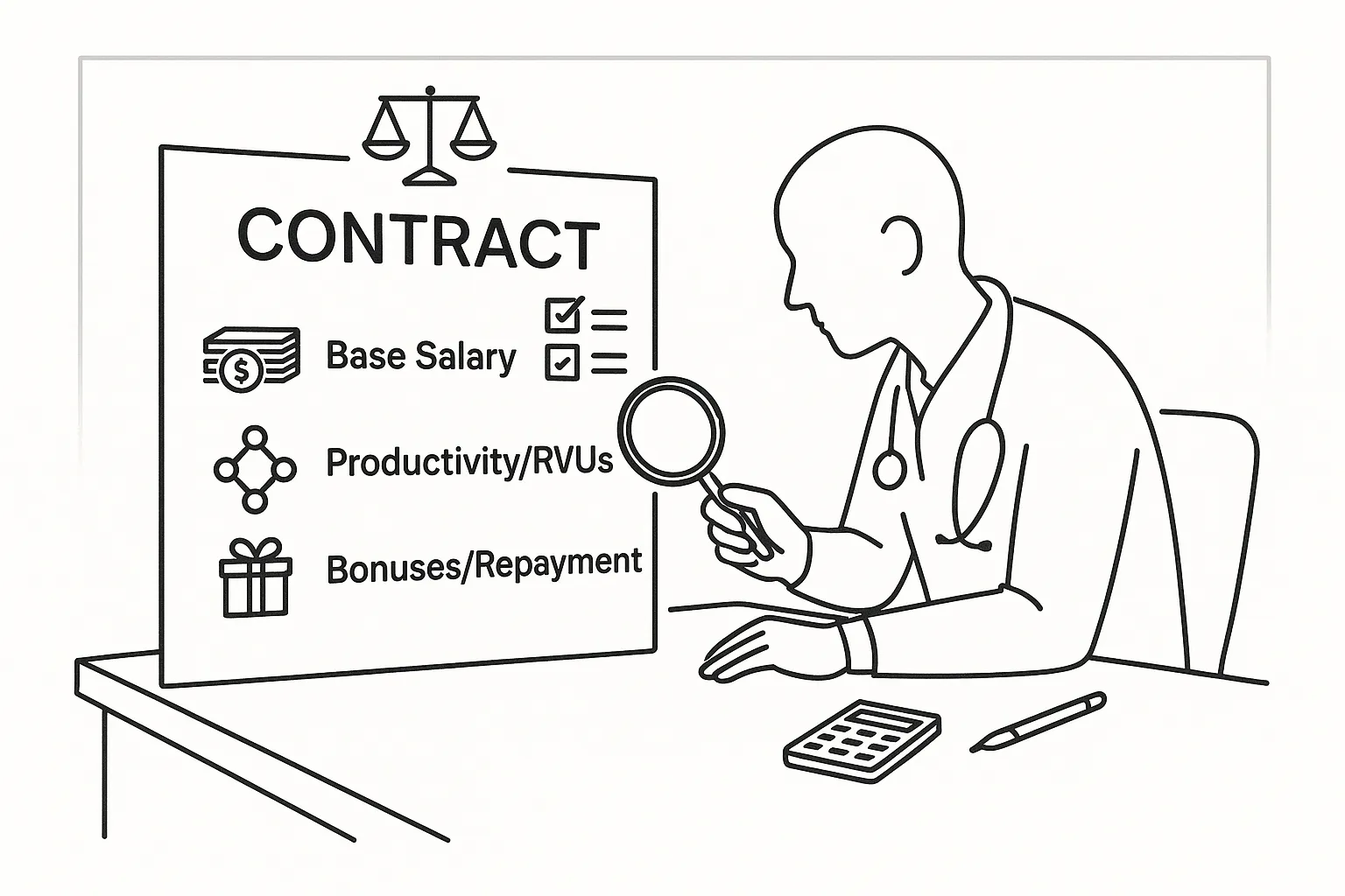 Physician assistant at a desk examining a contract with financial icons.