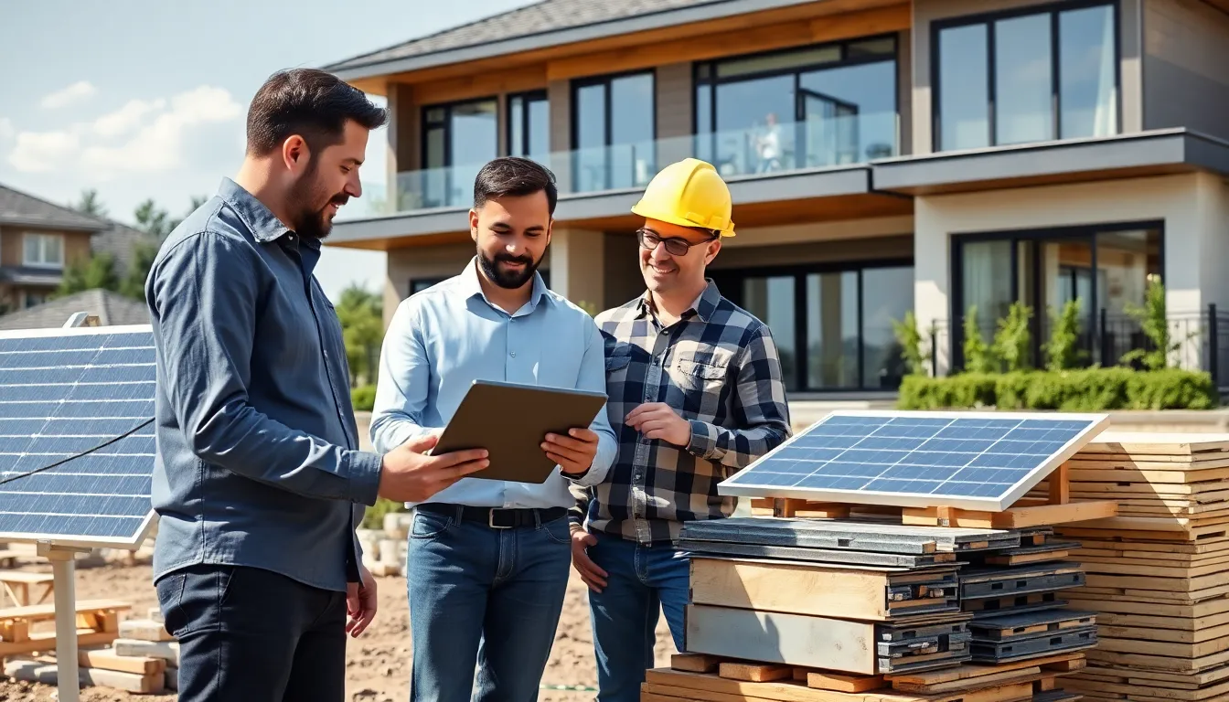 diverse professionals collaborating on sustainable home construction.