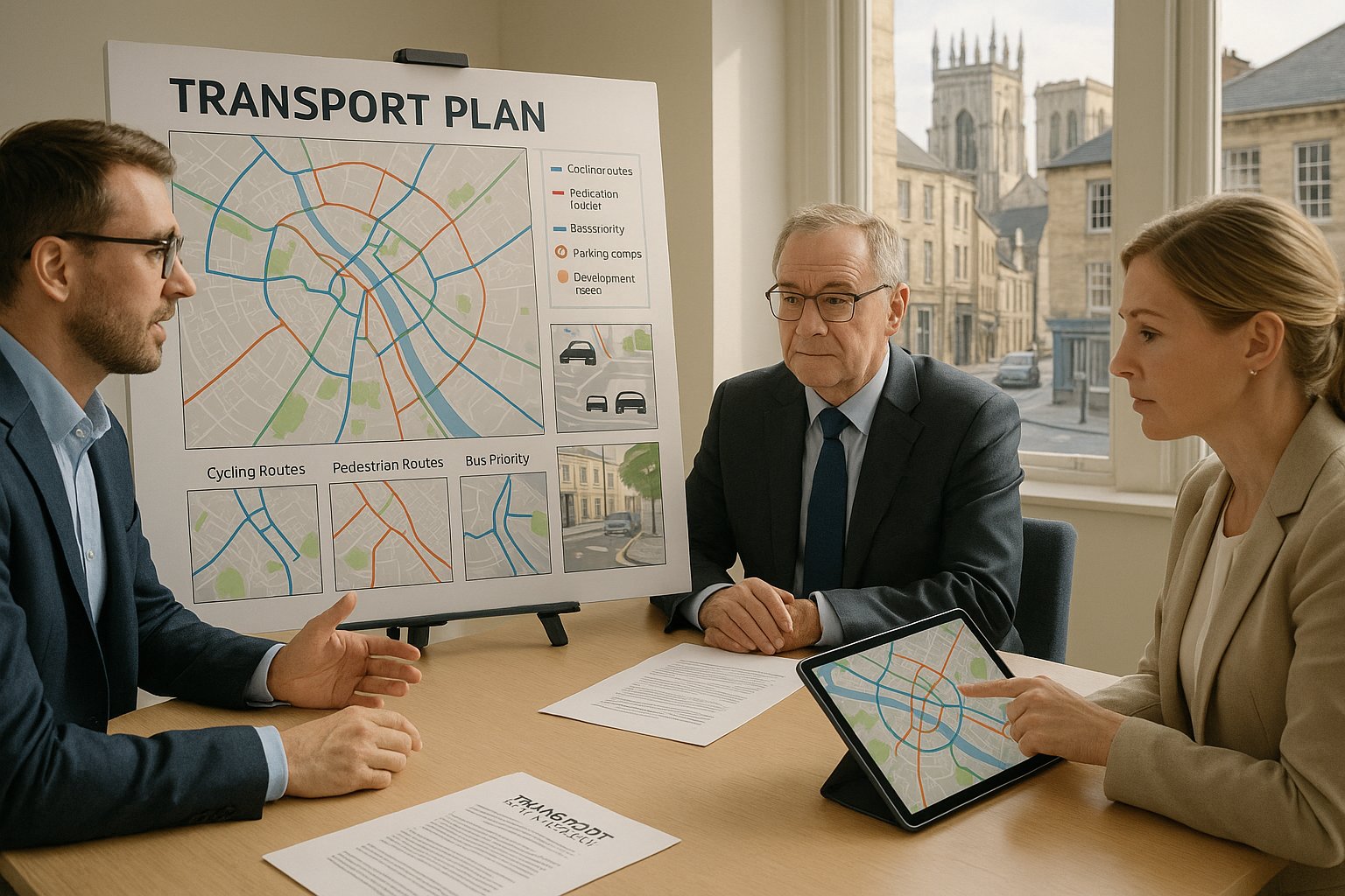 Transport planners reviewing sustainable travel plans for a development in York.