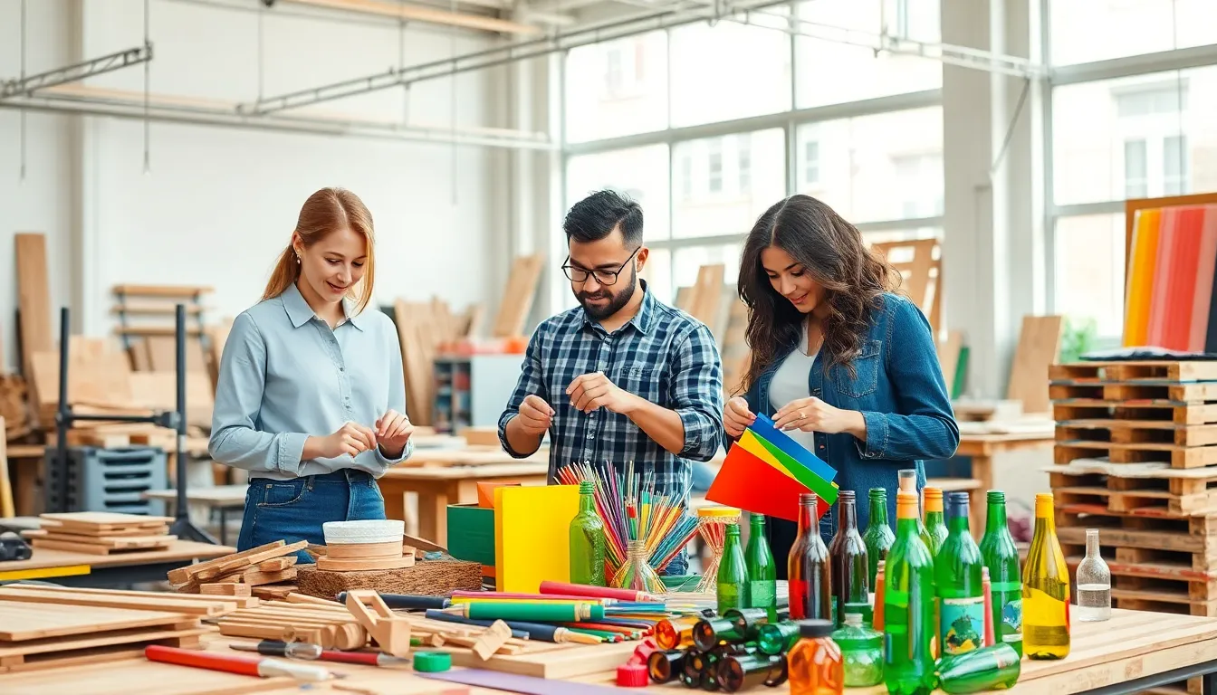 diverse professionals crafting with various materials in a modern workspace.