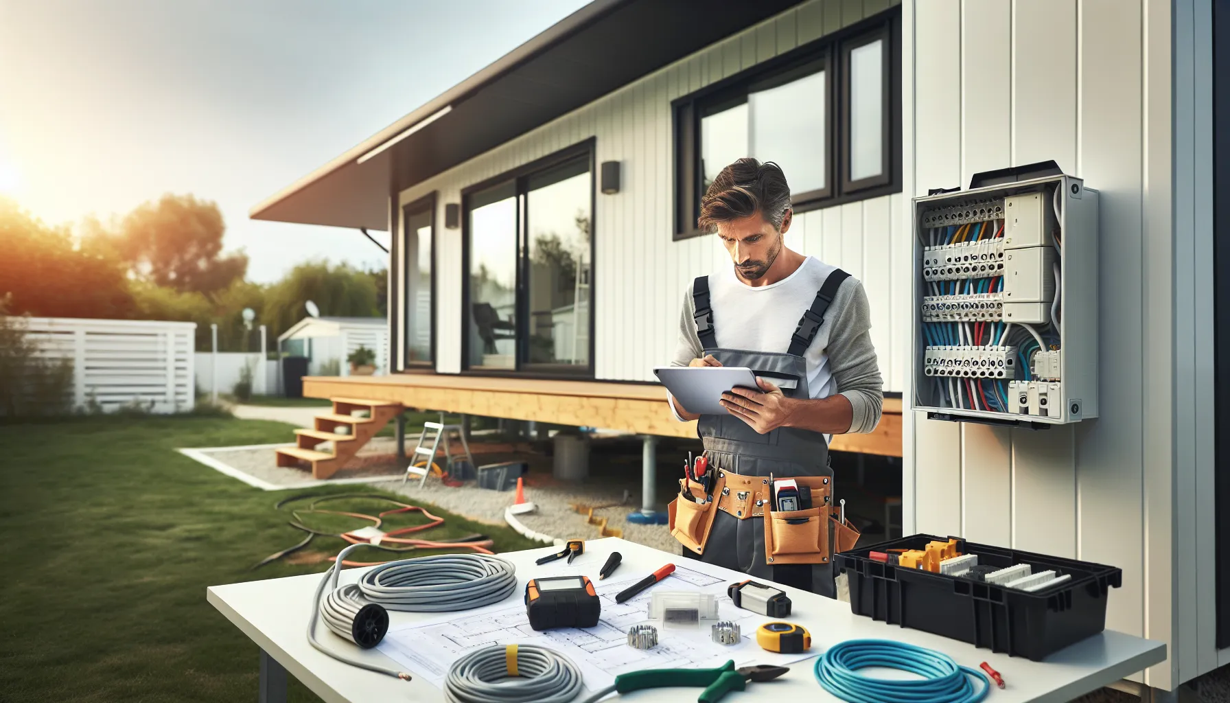 Croatian electrician reviewing electrical plans near mobile home installation site