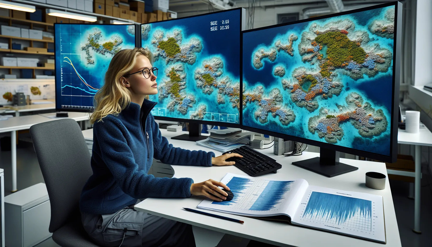 Slik brukes satellitter til å overvåke og beskytte korallrev 3 Norwegian marine scientist analyzing satellite images of global coral reefs in a lab.