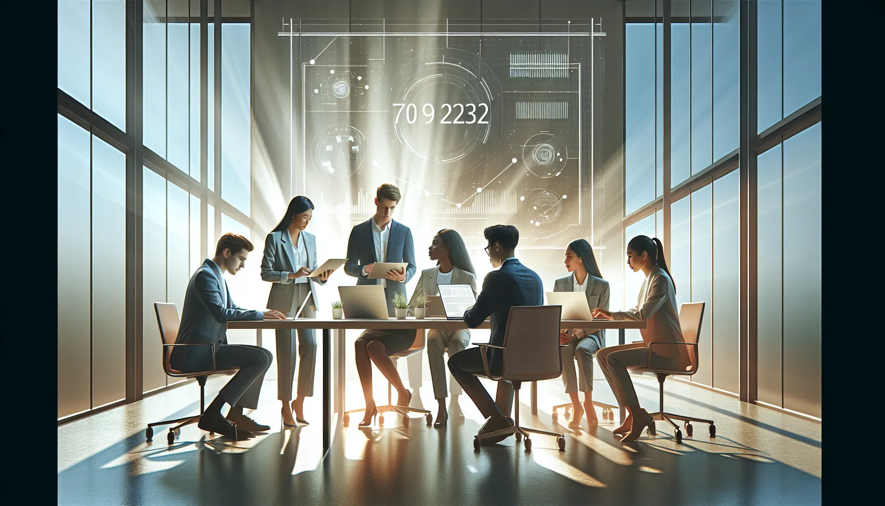 diverse professionals discussing data in a modern office.