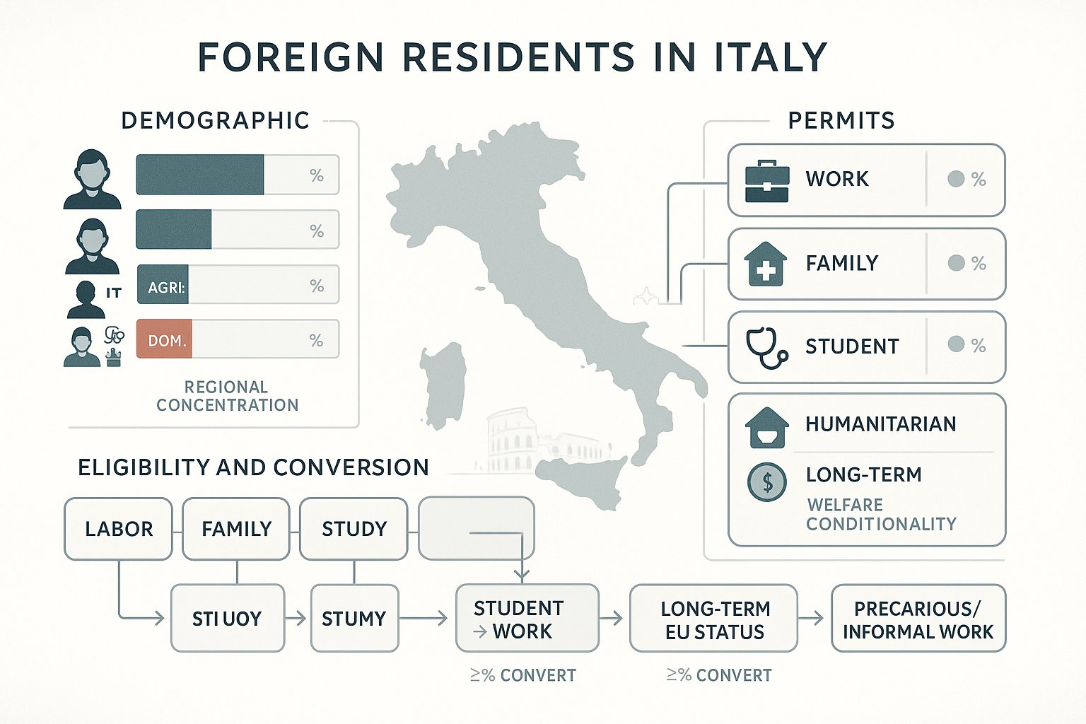 Infografica dei residenti stranieri in Italia che mostra permessi, profili e percorsi.